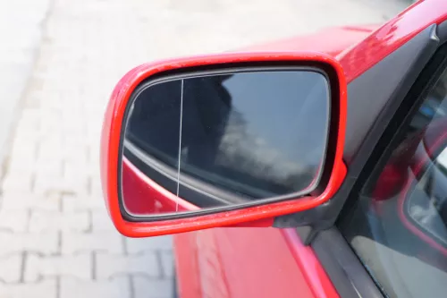 VW Polo 6N manueller manuell Spiegel Außenspiegel links mit Glas rot LP3G (168399)